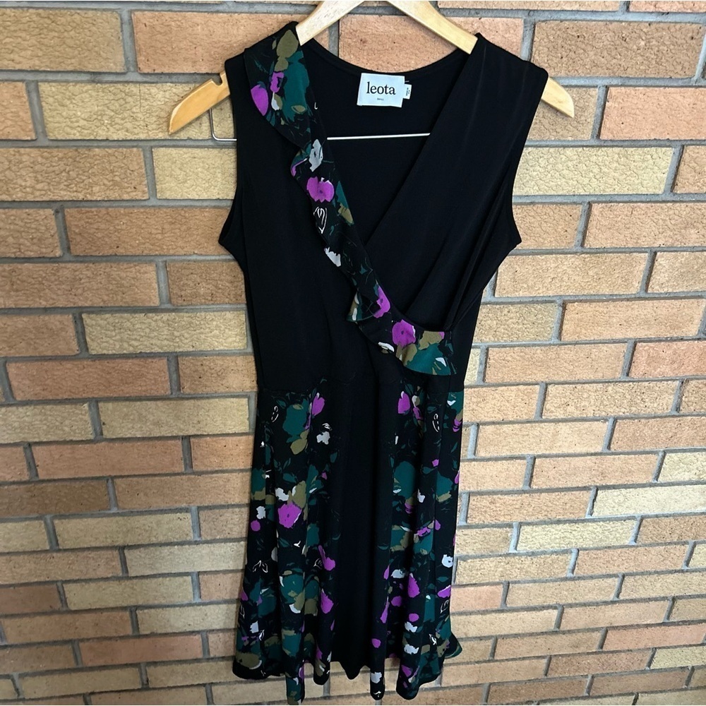 Vintage Leota Made in USA Sleeveless Ruffle Midi Stress Black Colorful Size S